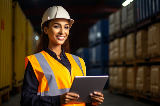 Smiling Portrait of a Beautiful Latin Female Industrial Engineer in White Hard Hat, High-Visibility Vest Working on Tablet Computer, Inspector or Safety Supervisor in Container Terminal