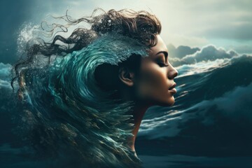 The abstract image of a woman is mixed with the image of the ocean. Unity with nature, peace and tranquility. Double exposure