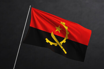 3D Waving flag design. Angola National flag on black background. - obrazy, fototapety, plakaty