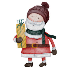 Santa claus wear knitted hat and scarf and hold gift box . Christmas theme . Watercolor paint cartoon character . PNG .