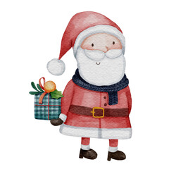 Santa claus hold a gift box . Christmas theme . Watercolor paint cartoon character . PNG .