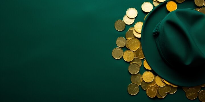 Flat Lay: Green Hats and Gold Coins with Generous Empty Space for Customization