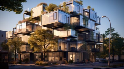 glass modern building with trees ai generated
