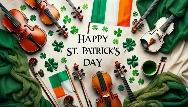 A spirited flat lay featuring Irish flags and fiddles, setting the stage around a central vacancy, complemented by the vibrant "Happy St. Patrick's Day" text.