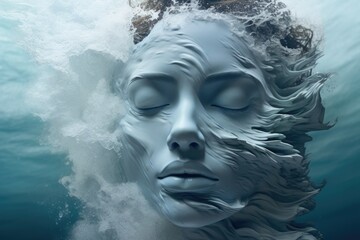 The image of a calm woman is mixed with the image of the ocean. Abstract image of a woman. Wednesday. Unity with nature.