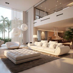 Contemporary Luxury: Modern Living Room Design with White Linen Sofa, Generative AI