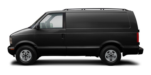 Small classic cargo van in black, isolated on a white background.
