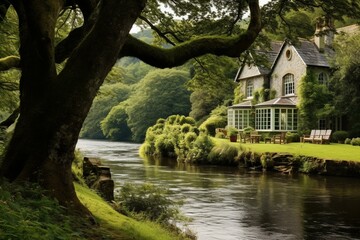 House and garden by River Dart in Devon, England. Generative AI
