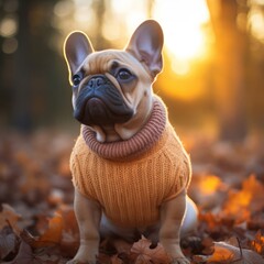 Light brown french bulldog on an autumn day