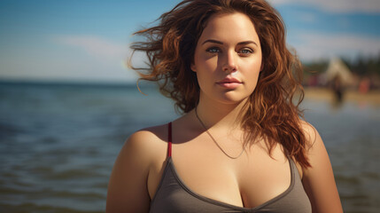 Naklejka premium Portrait of a Plus-size 34-year-old woman on the shore, looking at the viewer