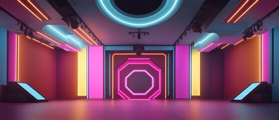 Empty colorful futuristic studio room big hall stage and lights from Generative AI