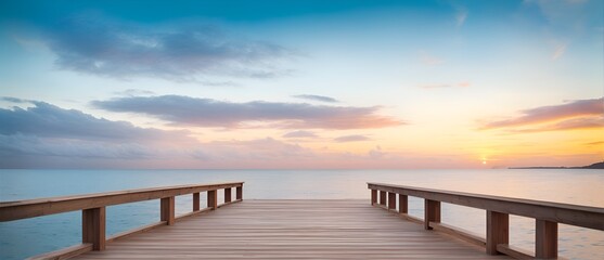 Empty wooden deck by the sea on sunset with green cloudy sky from Generative AI