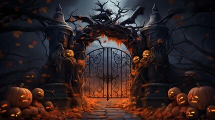 gates of halloween with scary deroration pumpkin and trees