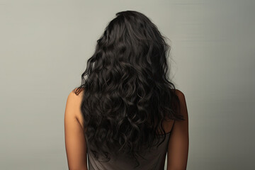 Back view woman with long black hair at back on studio light gray background.