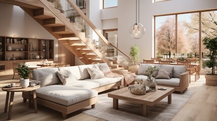 A modern living room with hardwood floors and vaulted ceiling in new luxury home and stair. - obrazy, fototapety, plakaty