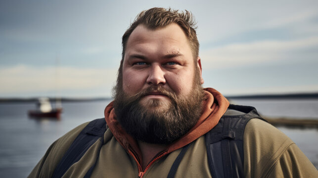 Portrait of a Plus-size 36-year-old man on the shore,  looking at the viewer