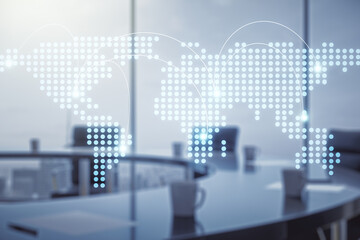 Abstract virtual world map with connections on a modern conference room background, international trading concept. Multiexposure