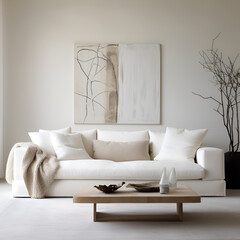 Modern Living Room Elegance: White Linen Sofa, Generative AI