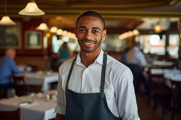 portrait of smiling poc waiter, male server wearing apron in restaurant - obrazy, fototapety, plakaty