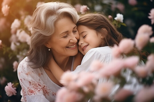 Smile, mother and child in a garden for love, peace and care together on mothers day, Happy, relax and calm woman with affection for her senior mom at a home for people in retirement in a backyard