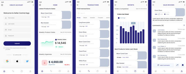 Seller Central, Clothes Sales, E-commerce Reports and Selling Transactions Shop App UI Kit Template