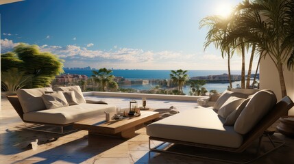 Fototapeta premium An ocean beach view out the window of a modern penthouse living room.