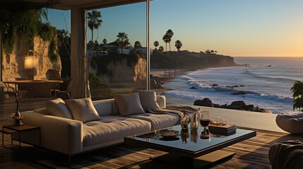 An ocean beach view out the window of a modern penthouse living room. - obrazy, fototapety, plakaty