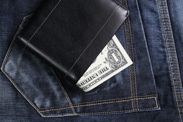 Closeup to man, jeans with wallet in pocket.