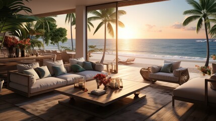 Fototapeta na wymiar An ocean beach view out the window of a modern penthouse living room.
