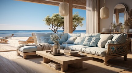Fototapeta na wymiar An ocean beach view out the window of a modern penthouse living room.