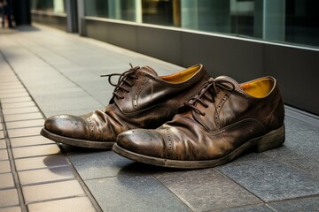 Messily removed business shoes at the entrance. Generative AI