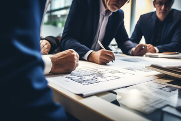 Smart business people working with plans while talking of their new design business in the office