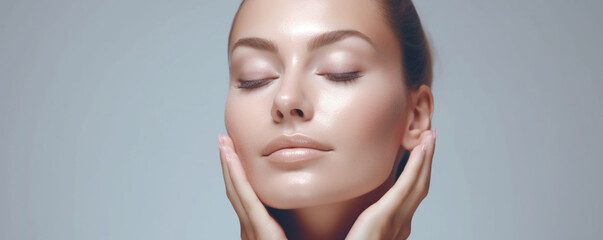 Skin Care and Beauty Concept Photo of Woman with Clean and Healthy Skin Touching Her Face - obrazy, fototapety, plakaty