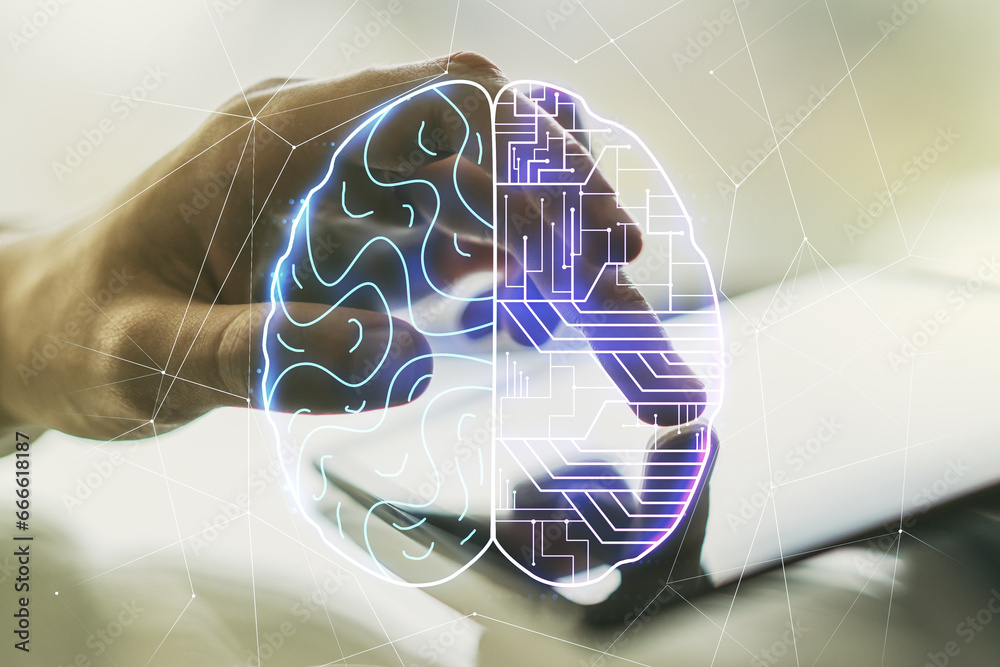 Aufkleber double exposure of creative artificial intelligence symbol with finger clicks on a digital tablet on