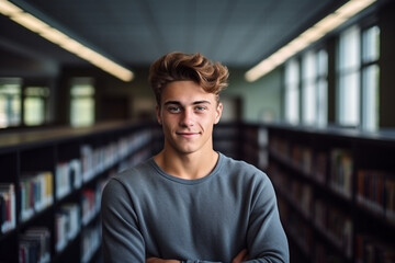 Single portrait of smiling confident male student teenager looking at camera in library - obrazy, fototapety, plakaty