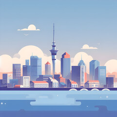 Skyline of Auckland, New Zealand. Vector illustration in flat style. Sky tower with all famous buildings in a modern and minimalist concept. - obrazy, fototapety, plakaty
