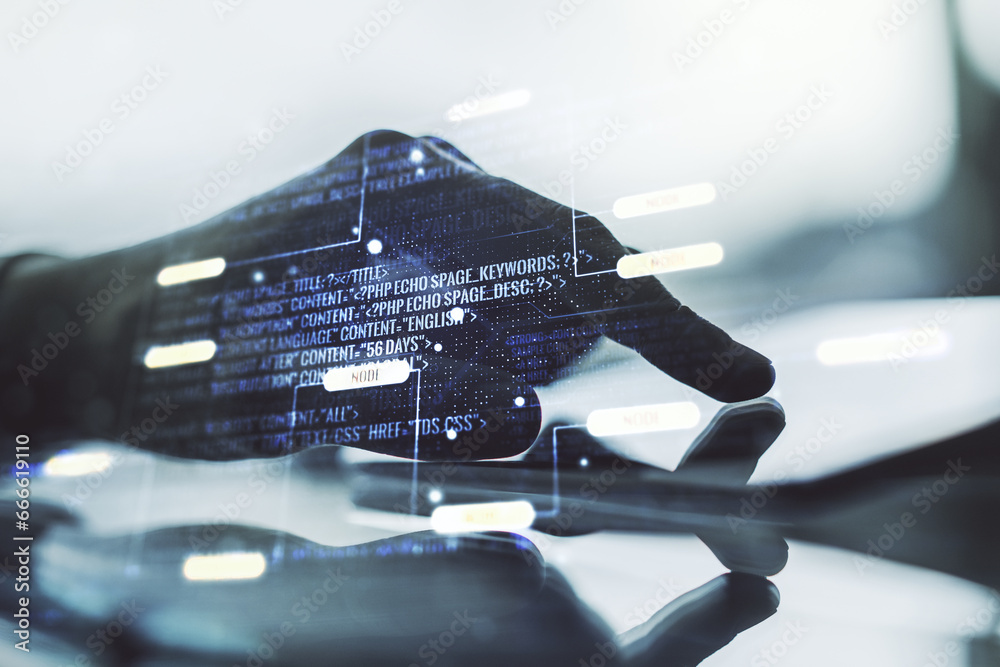 Aufkleber multi exposure of abstract programming language hologram and hand working with a digital tablet on b