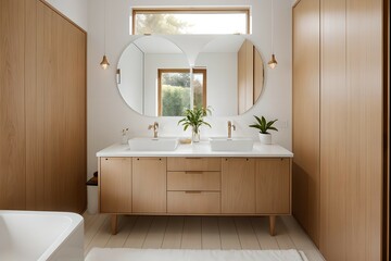 12. Modern bathroom and luxurious house design. Sink, bathtub and wooden furniture. Generative AI