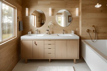 5. Modern bathroom and luxurious house design. Sink, bathtub and wooden furniture. Generative AI