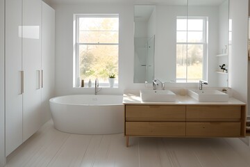 Fototapeta na wymiar 1. Modern bathroom and luxurious house design. Sink, bathtub and wooden furniture. Generative AI