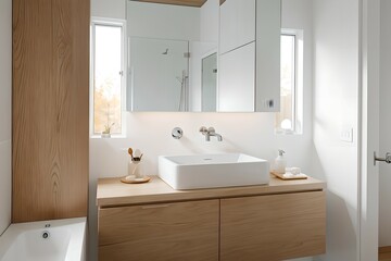 Fototapeta na wymiar 3. Modern bathroom and luxurious house design. Sink, bathtub, mirror and wooden furniture. Generative AI