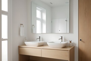 Fototapeta na wymiar 1. Modern bathroom and luxurious house design. Sink, bathtub, mirror and wooden furniture. Generative AI