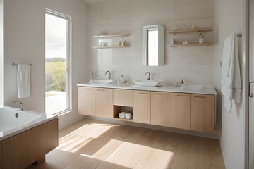 Fototapeta na wymiar 3. Modern bathroom and luxurious design. Sink, bathtub and wooden furniture. Generative AI