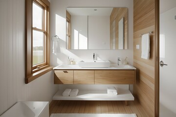 Fototapeta na wymiar 2. Modern bathroom and luxurious design. Sink, bathtub and wooden furniture. Generative AI