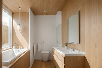 11. Photos of bathroom design interiors consisting of Scandinavian-style faucets, windows, tubs and sinks. Generative AI