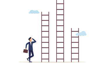 Businessman is thinking about choosing the right staircase. Choosing a ladder of success, a different career path, the task of choosing the best option, climbing the ladder of success.