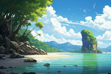 Illustration of stunning paradise seascape inspired from Ko Tapu, Phang Nga, Thailand. Generative AI - obrazy, fototapety, plakaty
