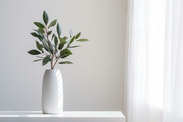 Minimalistic interior design with a vase of natural plants in a clean white apartment. Generative AI