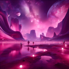 Astronaut discovering pink planet