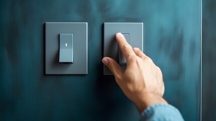 The young man's hand turned off the light switch Energy saving concept - obrazy, fototapety, plakaty